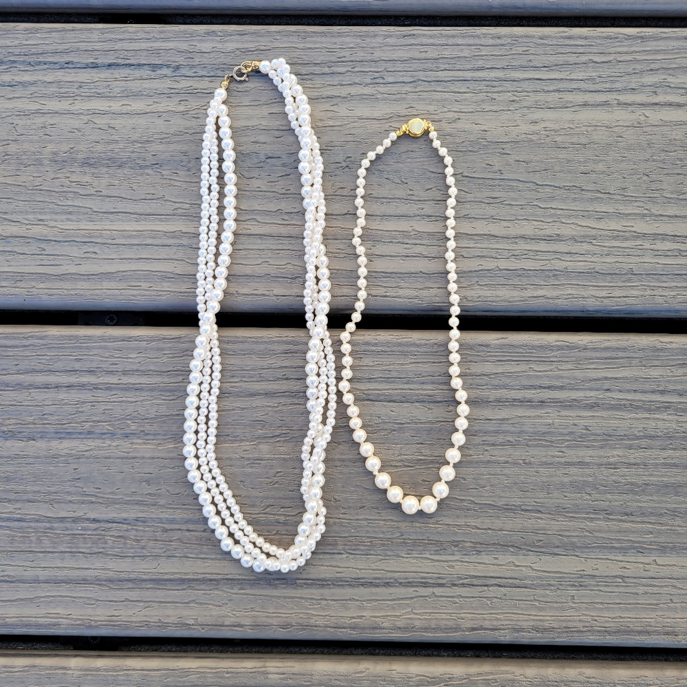 2 White Beaded Necklaces